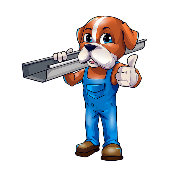 Mr. Roofer mascot with gutter and hammer